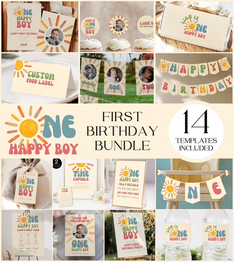 Preview of the full “One Happy Boy” birthday bundle showcasing 14 printable templates including a birthday invitation, banner, cupcake toppers, thank you card, water bottle labels, food label, milestone board and more in a retro boho sun design, ideal for a boy’s 1st birthday party.