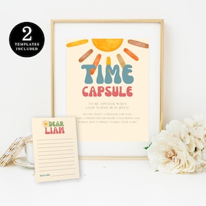 Framed time capsule sign with vibrant sun and playful typography for guests to write notes to the birthday boy, includes a matching mini note card – a sentimental printable addition to any 1st birthday celebration.