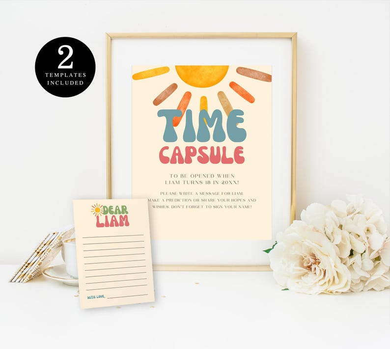 Framed time capsule sign with vibrant sun and playful typography for guests to write notes to the birthday boy, includes a matching mini note card – a sentimental printable addition to any 1st birthday celebration.