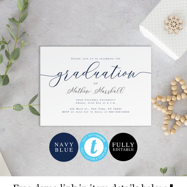 Templett Graduation invitation template for him PRINTABLE Navy Blue invite Male Guys Boys Nautical Grad party Print at home 5x7 DIY #VMHT430