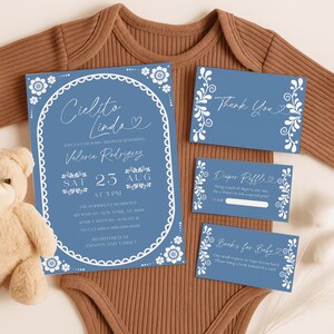 Paquete de baby shower Cielito Lindo, conjunto de invitación de Talavera mexicana azul, conjunto Cielito Lindo, kit de aspersión de bebé Canva Papel Picado editable C08