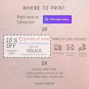 Pu&ograve; includere: Una grafica con istruzioni su dove stampare le stampe d'amore. Include un codice sconto del 10%, VIOLA10, e elenca opzioni come Canva, negozi di stampa locali e stampanti domestiche. Evidenzia anche la spedizione gratuita in Italia, le buste premium gratuite e le pratiche ecologiche.