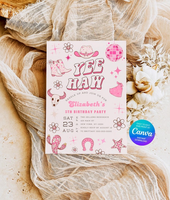 Editable Space Cowgirl Birthday Invitation, Pink Yee Haw Cowgirl Party Invite, Retro Disco Rodeo, Nashville, Instant Download, Canva C04