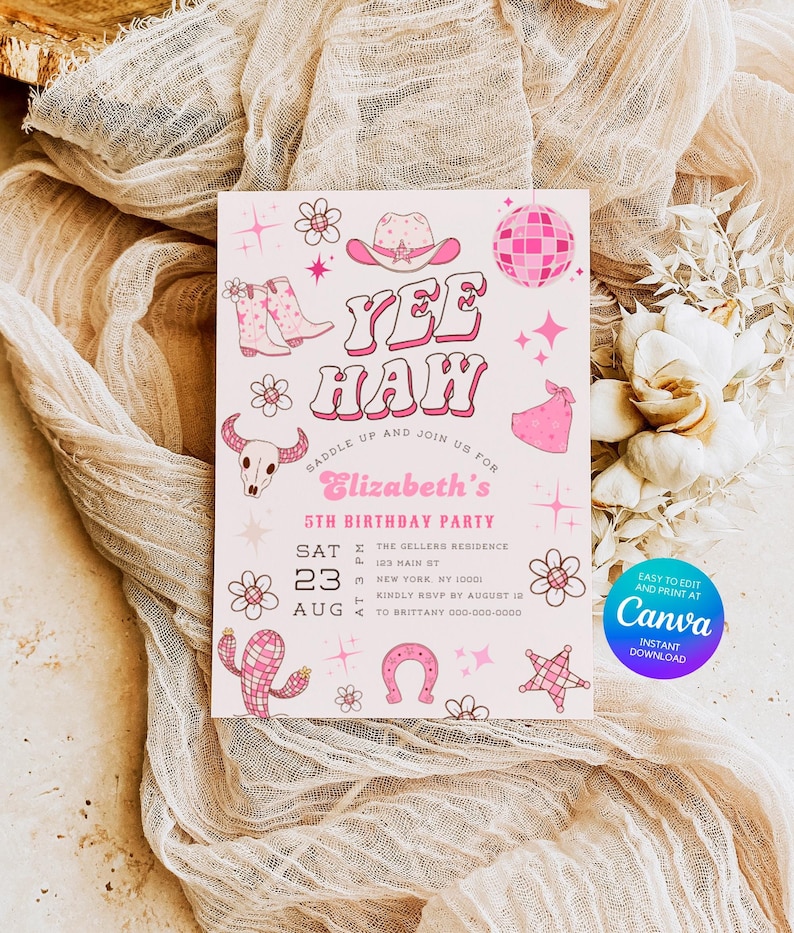 Make your child's birthday extra special with our Space Cowgirl Birthday Invitation, perfect for a Retro Disco Rodeo Themed party.