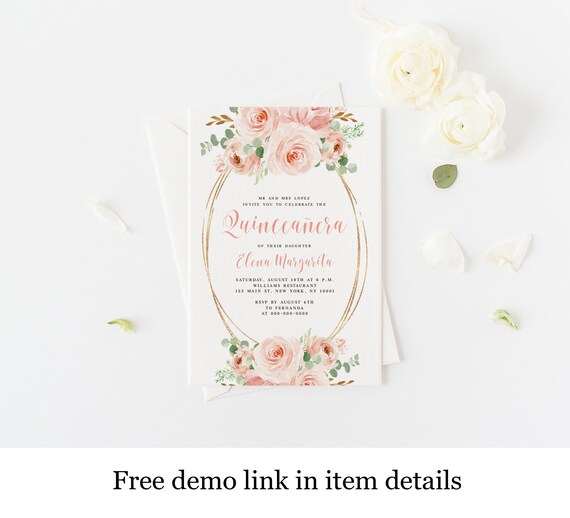 Blush Floral Quinceanera Invitation Template Download, 15th Birthday Invite, Mis Quince, Templett, Printable, Fully Editable, Oval #VMHT32