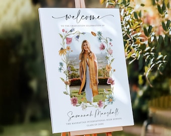Printed & Shipped Personalized Wildflower Foam Board Graduation Welcome Sign With Photo, Grad Party Sign, Custom Graduation Yard Sign