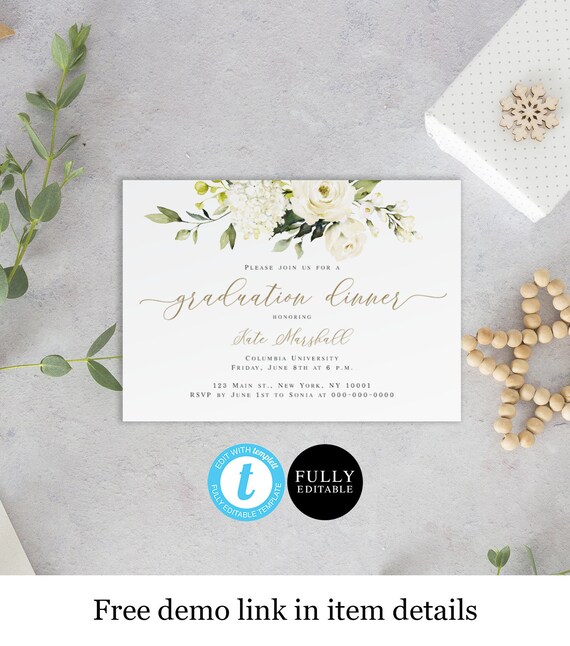 Gold Graduation Dinner Invitation, Hydrangea Roses (Templett Editable)