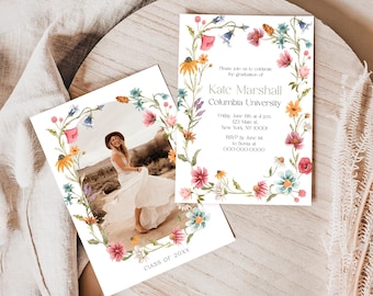 Invito di laurea con fiori selvatici modificabile, annuncio floreale con foto
