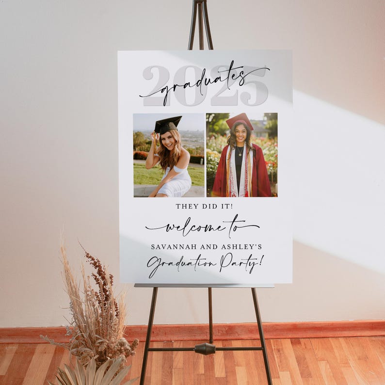 Joint graduation party welcome sign set against an indoor backdrop with soft sunlight and dried floral accents. Two graduate portraits and personalized welcome text make this template ideal for twins or friends celebrating together. A modern printable option perfect for both college and high school grads.