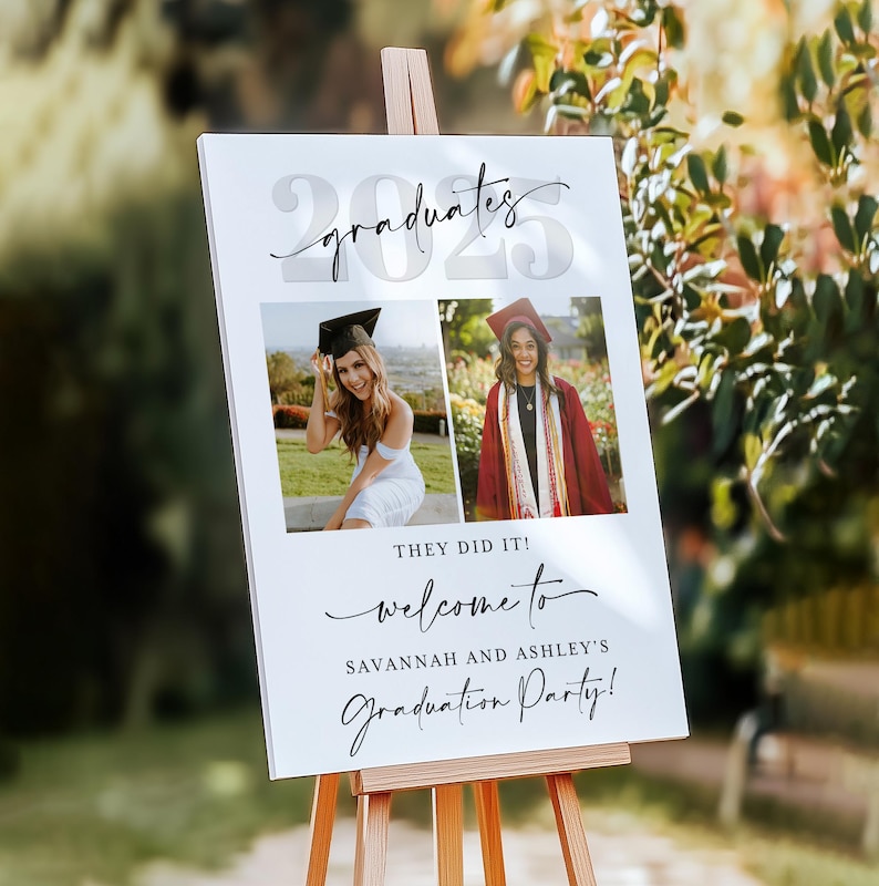 Outdoor view of a stylish dual-photo graduation welcome sign with editable text and “2025” design. Featuring two graduates in celebratory poses, this modern layout is perfect for joint or twins graduation parties. Customizable Canva file ideal for college or high school events with a clean, elegant aesthetic.