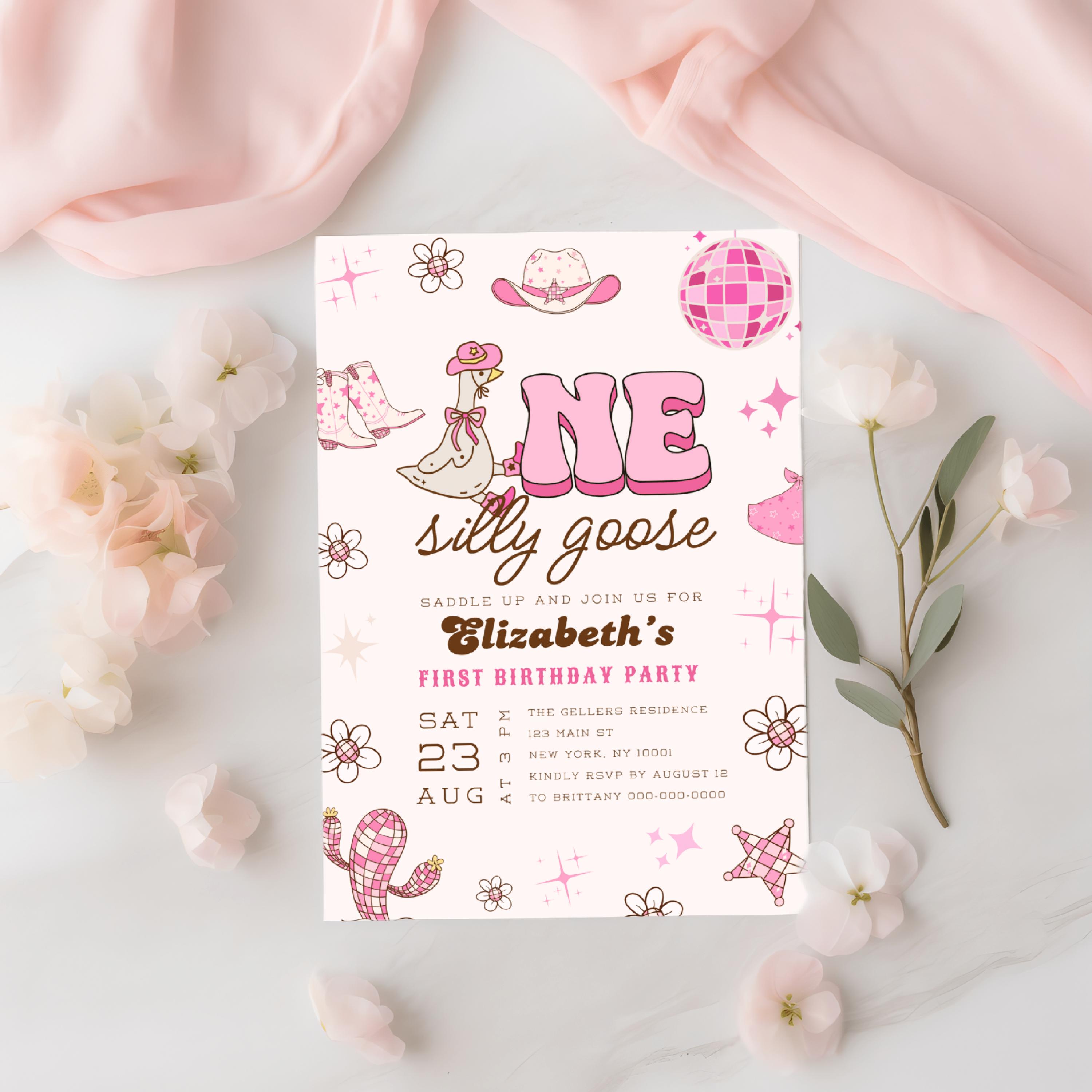 One Silly Goose Birthday Invitation, Editable 1st Birthday Girl Party Invite, Pink Western Theme Printable Template, Digital Canva Evite C04