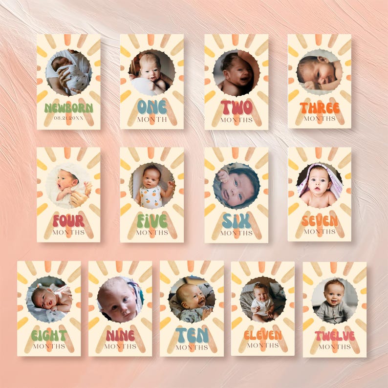 Set of 12 monthly milestone cards in retro sunshine theme showing baby photos from newborn to twelve months, perfect for a “watch me grow” first birthday photo banner display.