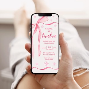 Pink Bow Animated Video Invitation, Coquette Birthday Party Digital Evite, Mobile Canva Template for Girls, Editable Download for Teens C05