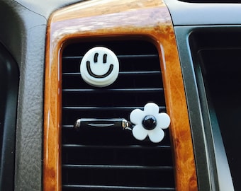 Set of 2 / Smiley Face / Black White / Happy /  Daisy Flower Car  Vent Clip Hanger Hook Accessory Decoration Pretty