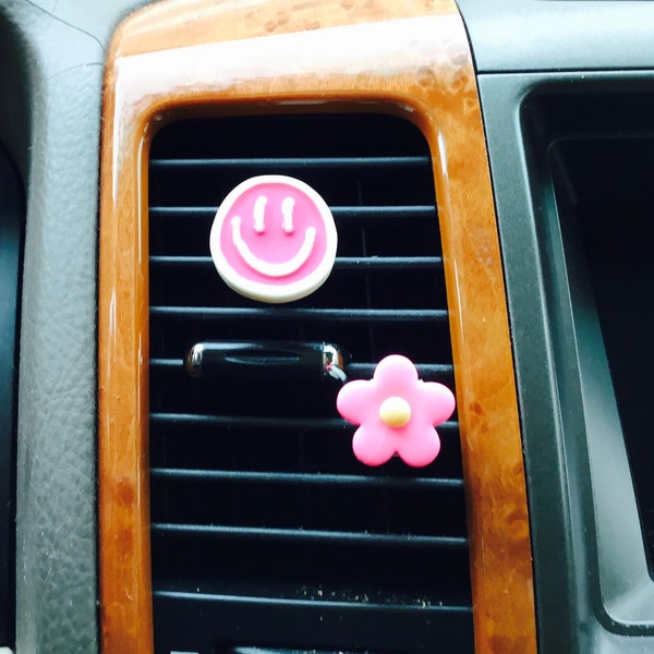 Set of 2 Pink Smiley Face / Flower Car  Vent Clip Mask Hook Holder Hanger Decoration