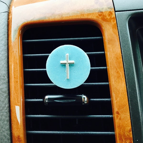 Silver Cross / Blue round/ Shimmery Glitter  / / Car  Vent Clips Decoration