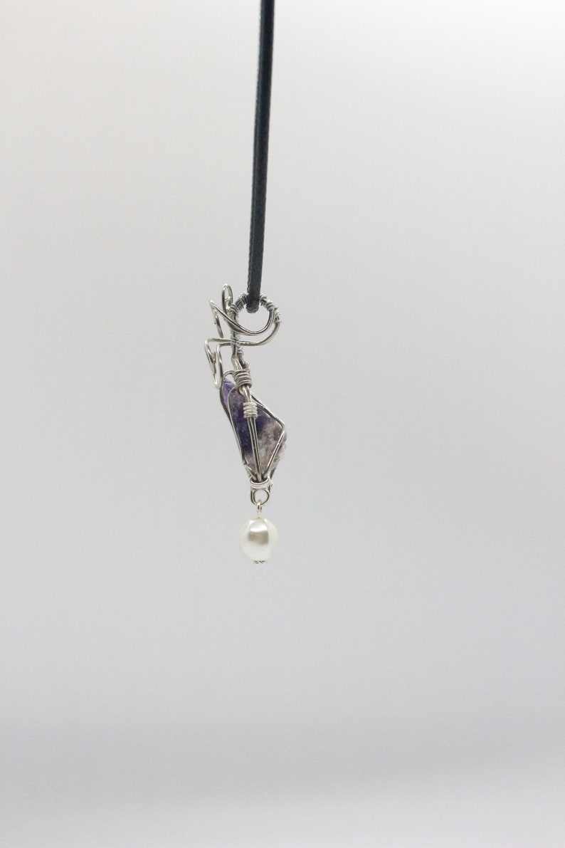 Amethyst Pendant with Freshwater Pearl Bead Unique Wire Wrapped Necklace Natural Raw Gemstone Jewelry February Birthday Gifts for Her
