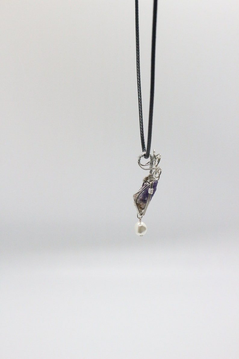 Amethyst Pendant with Freshwater Pearl Bead Unique Wire Wrapped Necklace Natural Raw Gemstone Jewelry February Birthday Gifts for Her