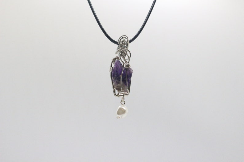 Amethyst Pendant with Freshwater Pearl Bead Unique Wire Wrapped Necklace Natural Raw Gemstone Jewelry February Birthday Gifts for Her