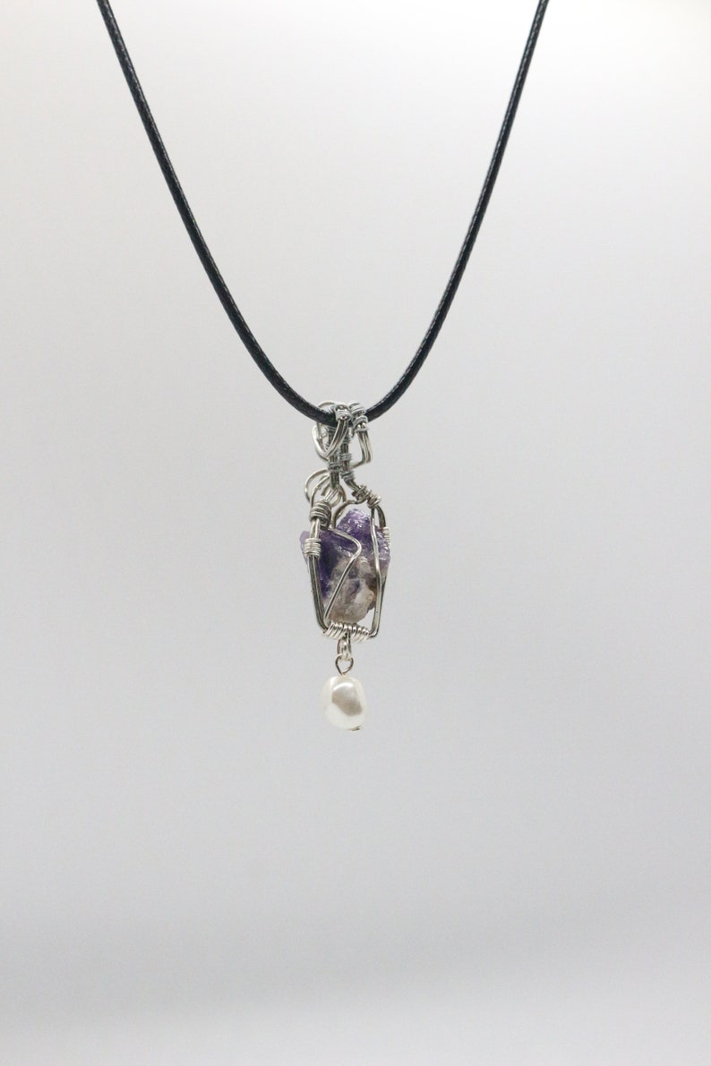 Amethyst Pendant with Freshwater Pearl Bead Unique Wire Wrapped Necklace Natural Raw Gemstone Jewelry February Birthday Gifts for Her