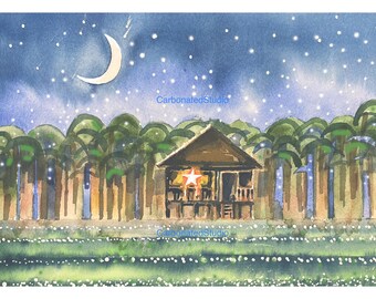 May include: A watercolor painting of a small wooden house with a red star on the front, surrounded by palm trees and a crescent moon in a starry night sky.