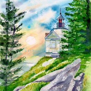 Landscape painting:Bass Harbor Lighthouse,ME,blank folded card with envelope;fine art watercolor landscape,Pick any 4 cards per min order