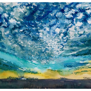 May include: Watercolor painting of a blue sky with white clouds. The sky is painted in shades of blue, green, and yellow. The clouds are white and fluffy. The painting is signed "S. Fiore" in the bottom right corner.