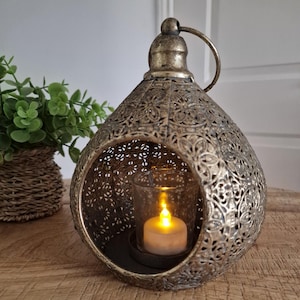 Vintage Old Moroccan Style Gold Round Metal Table Light Lamp Lantern