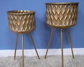 Set of 2 Aged Vintage Gold Planter on Stand Metal Plant Pot Home Accessories