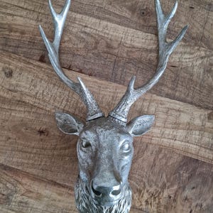 May include: A silver-coloured deer head wall mount with detailed antlers and facial features. The sculpture is made of metal and has a textured finish. The deer head is mounted on a wooden surface, creating a rustic and decorative accent.