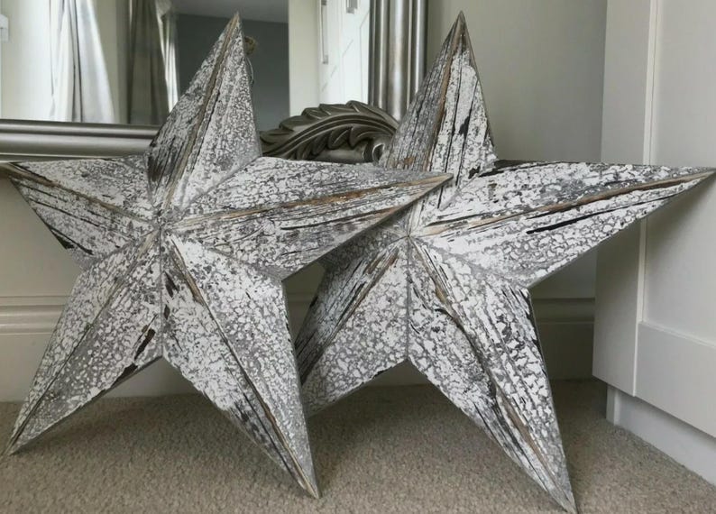 Pair of Large 54cm Distressed Wooden Wall Hanging Barn Stars