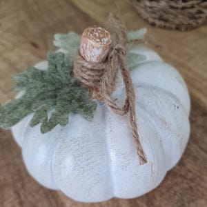May include: A white decorative pumpkin featuring a distressed paint finish, a brown textured stem, two sage green felt leaves, and a piece of natural jute twine tied in a small bow around the stem. The pumpkin has a ribbed, rounded shape.