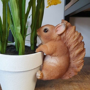 May include: A brown squirrel figurine is peeking over the edge of a white flower pot. The pot is filled with green artificial plants.
