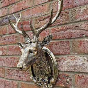 May include: A bronze-effect deer head wall sculpture with detailed antlers and facial features. The sculpture is mounted on an oval frame with floral accents. The artwork is displayed against a red brick wall.