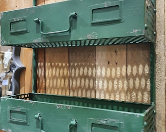 Green Industrial Wall Storage Unit Metal Shelving Vintage 2 Tier Display Shelf