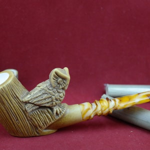 Handmade Meerschaum Tobacco Pipe: Carved Owl Design