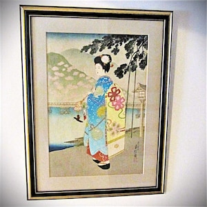 Japanese Framed Woodblock Print Maiko in Spring by Hasegawa Sadanobu III