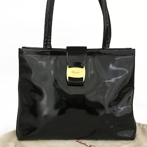Vintage Salvatore Ferragamo Vara Black Patent Leather Shoulder Tote Bag - Stuns!