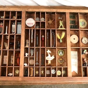 Antique Wood Printers Tray & Display Case Full of Vintage Original Curios