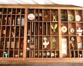 Antique Wood Printers Tray & Display Case Full of Vintage Original Curios