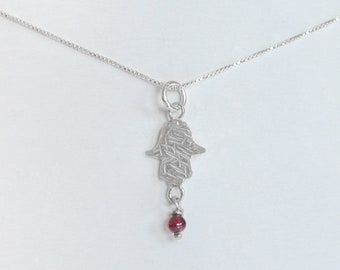 Silver Hamsa Hand Necklace, Delicate 925 Silver Necklace, Simple Necklace, Short Garnet Pendant, Bat Mitzvah Gifts, Small Good Luck Necklace