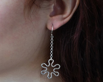 Long Dangle Earrings With Silver Flower, Long Flower Earrings, Long Drop Earrings For Her, Earrings For Women, Chain Earrings, Boho Earrings