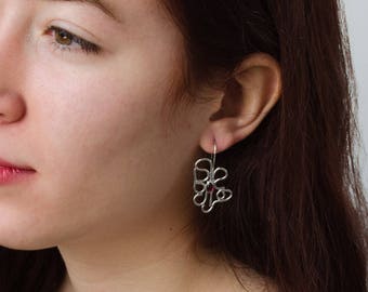 Silver Flower Earrings, Garnet Stone Earrings, Drop Flower Earrings, Floral Earrings, Silver Wire Earrings, Everyday Earrings For Girlfriend