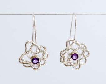 Sterling Silver Flower Earrings, Floral Dangle Earrings, Mandala Earrings, Boho Earrings, Purple Amethyst Earrings, Wire Drop Earrings