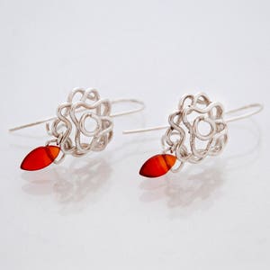 Wire Flower Earrings, Long Floral Earrings, Red Orange Carnelian Earrings, Silver Wire Earrings, Dangle Boho Earrings, Women Flower Earrings image 1