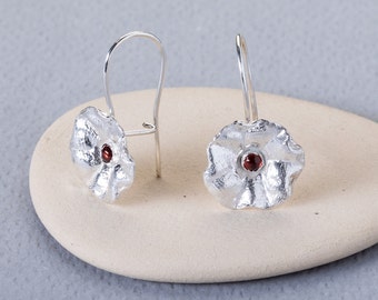 Beautiful Drop Earrings, Garnet Flower Drop Earrings, Dainty Flower Earrings, Minimalist Silver Earrings, Silver Flower, Valentines Gift