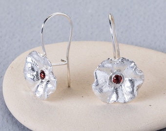 Drop Flower Earrings, Garnet Silver Earrings, Delicate Flower Earrings, Minimalist Flower Earrings, Dainty Flower Earrings, Gift for Mom