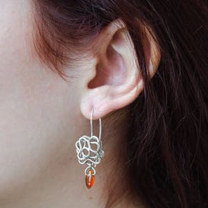 Wire Flower Earrings, Long Floral Earrings, Red Orange Carnelian Earrings, Silver Wire Earrings, Dangle Boho Earrings, Women Flower Earrings image 3