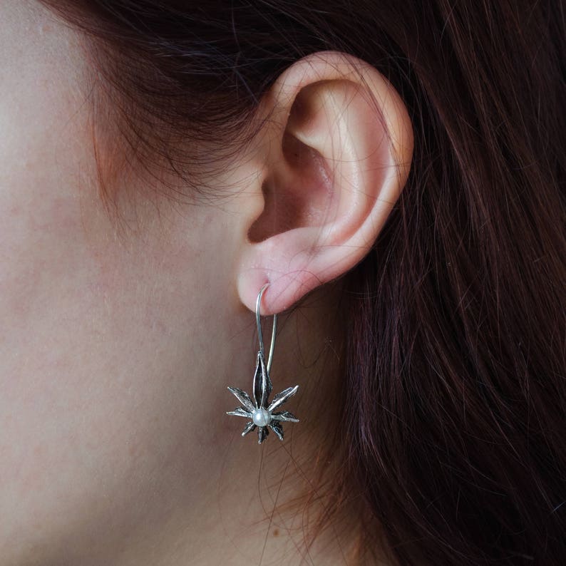Pearl Dangle Earrings, Flower Drop Earrings, Unique Boho Earrings, Silver Everyday Earrings, White Stone Earrings, Casual Dangle Earrings image 1