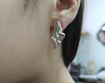 Asymmetric Silver Earrings, Long Stud Earrings, Unique Silver Earrings, Earrings for Her, Wife Valentine's Gift, Valentine's Gift for Women